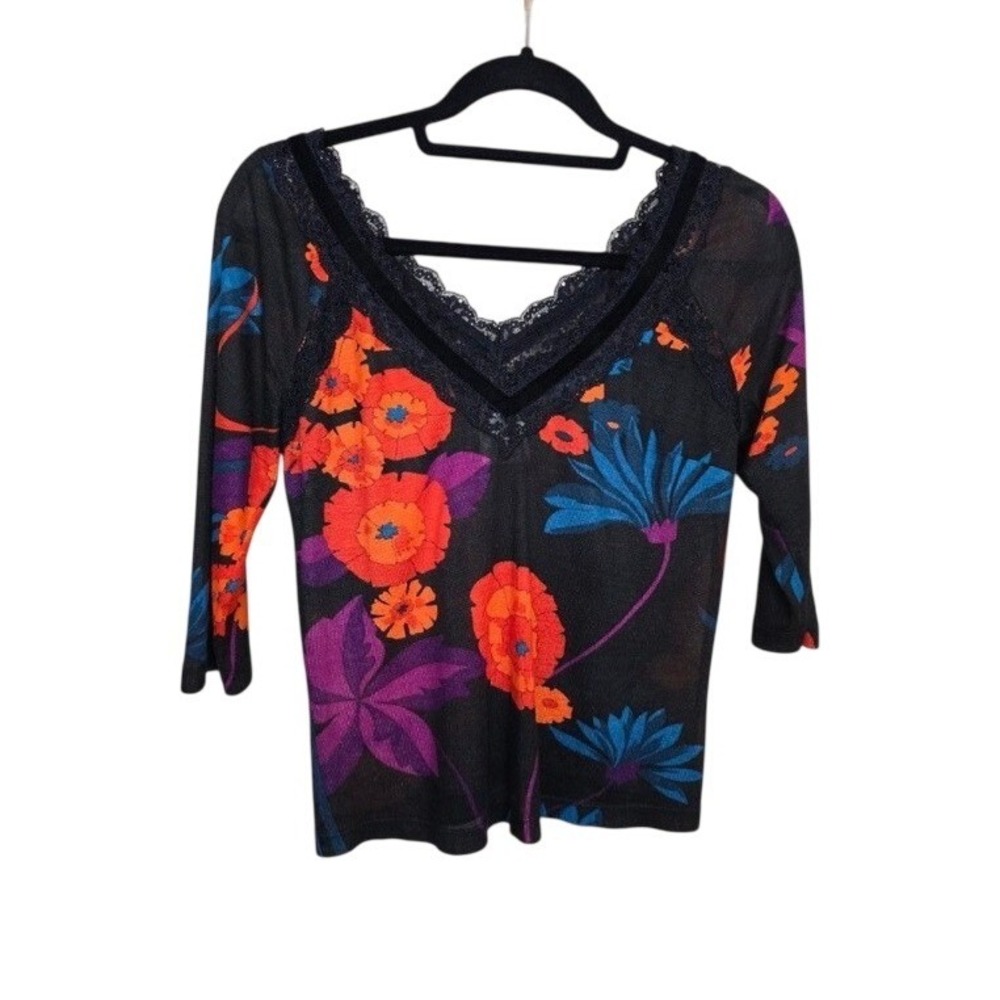 Dolce & Gabbana Ittierre Vintage Black Floral Top with Velvet Trim Size L